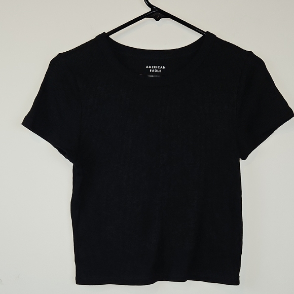 American Eagle Black Waffle Knit Short Sleeve Top Size Large - Picture 1 of 13